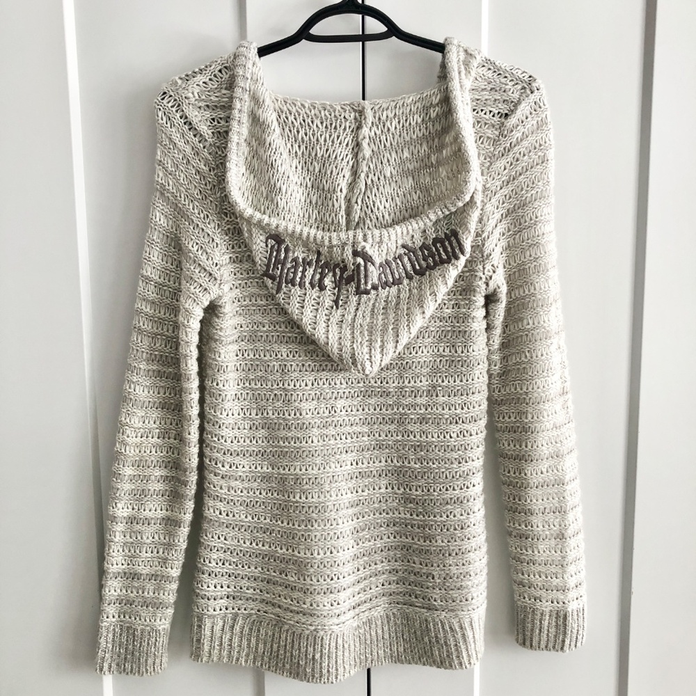 Harley Davidson Chunky Knit Hooded, Embroidered, Marled, Gray, Pullover, Sweater